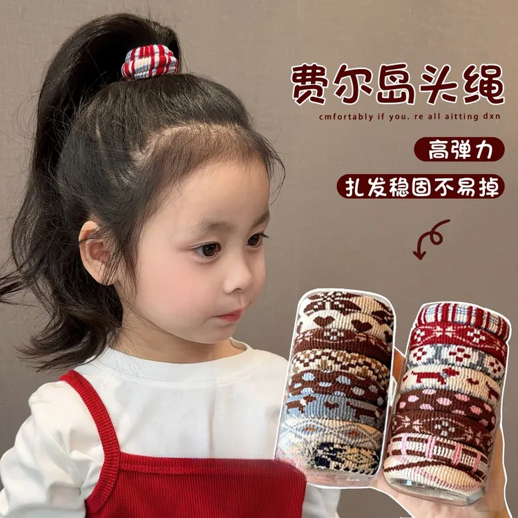 韩版儿童秋冬复古费尔岛风毛巾圈高弹扎马尾皮筋女童发圈耐用头c