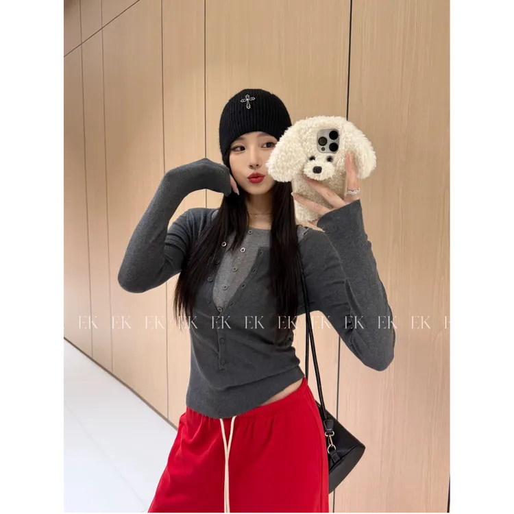 纯欲风假两件排扣针织衫女春秋季修身显瘦温柔风内搭外穿上衣268