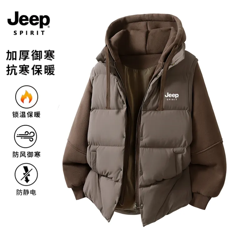 JEEPSPIRIT吉普冬季假两件棉衣男女同款加厚保暖防风连帽棉服外套