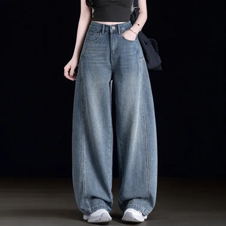 蓝色弯刀牛仔裤女秋冬季女裤美式裤子小众炸街直筒加绒加厚阔腿裤