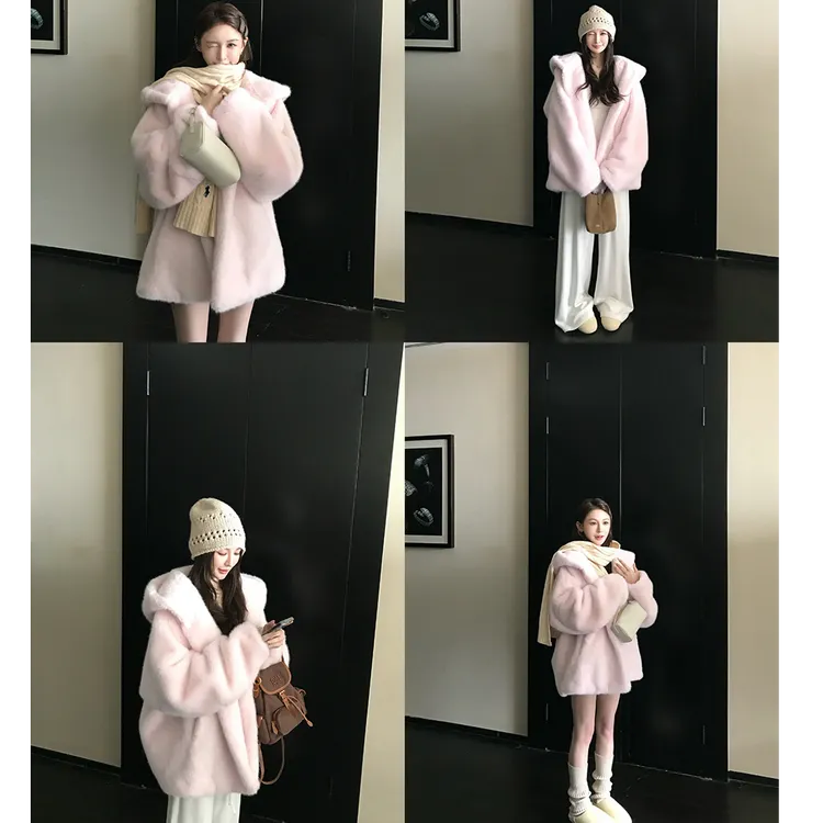 奶油瑞士卷环保皮毛一体大衣女秋冬加厚慵懒风宽松连帽毛绒绒外套