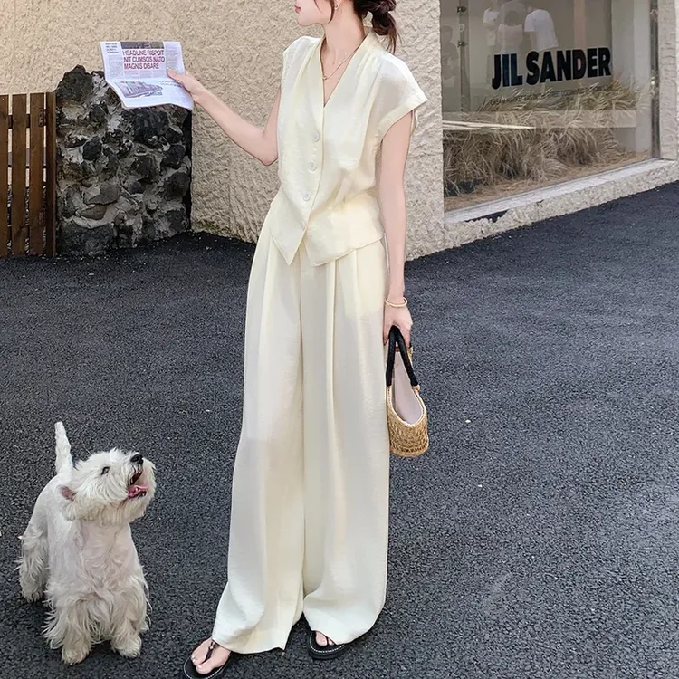 百搭老钱风夏装套装女2025新款爆款清冷系短袖上衣直筒裤两件套潮