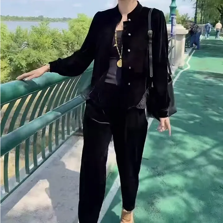 2025秋季新款时尚套装女百搭显瘦丝绒女装两件套