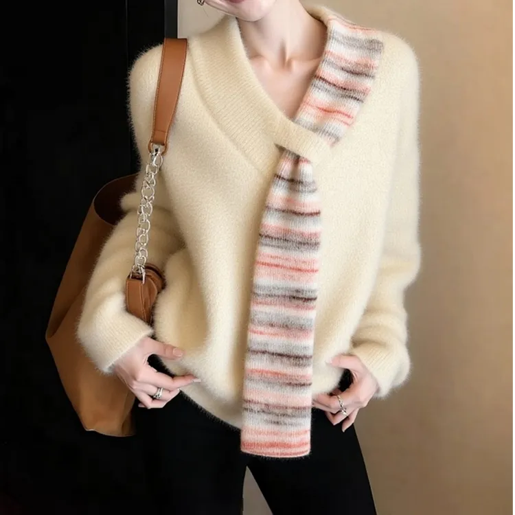 曼德西比利法式甜美风杏色针织毛衣女冬季加厚慵懒高级感深冬上衣