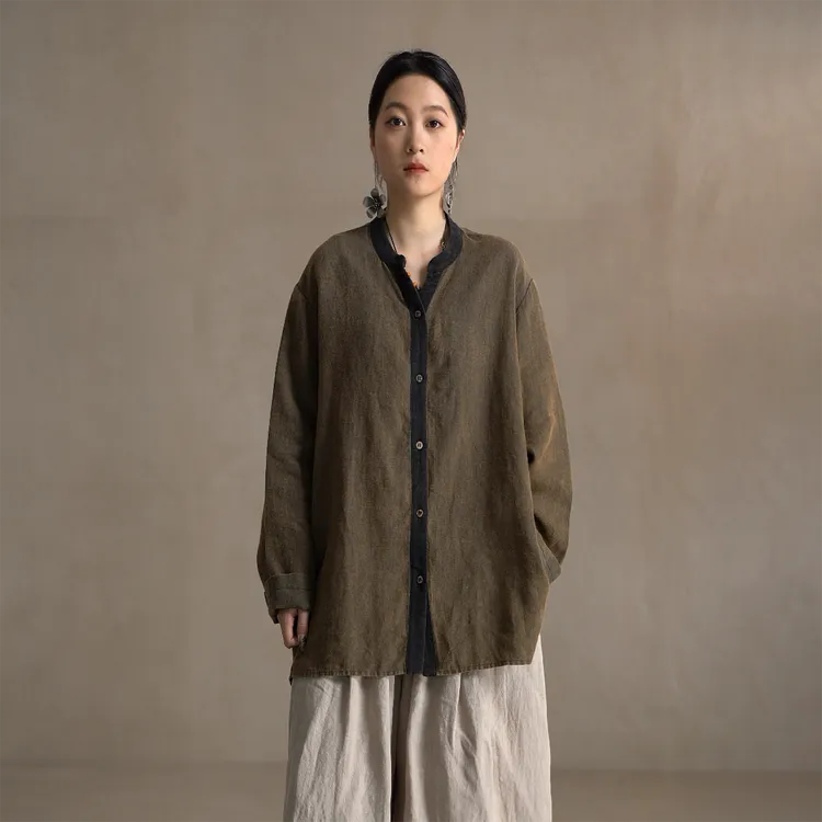 【以之】设计师品牌原创V领拼色亚麻小衫复古宽松显瘦大码上衣女