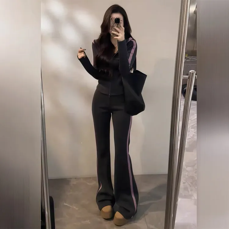 【大婷婷】秋冬新款加绒休闲时尚显瘦条纹撞色拼接连帽套装DT1715