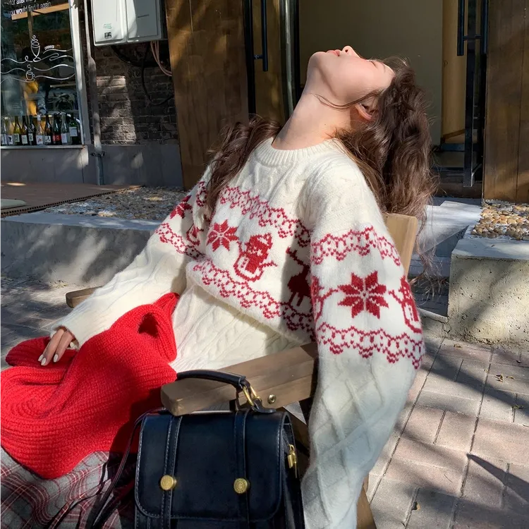 想念圣诞~费尔岛氛围感显瘦提花圆领毛衣女新款宽松保暖针织衫