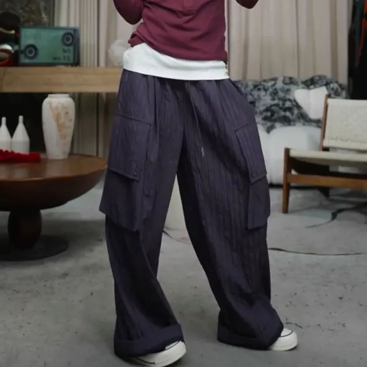 infobyfive2025秋冬竖条纹松紧腰抽绳大口袋工装裤NF0510007