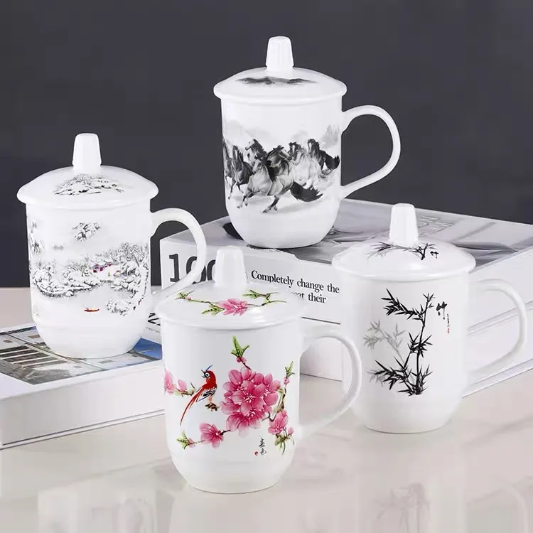 陶瓷茶杯带盖家用办公室喝水杯创意酒店宾馆会议杯大容量杯子带把