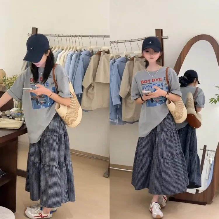 2025新美式复古字母印花短袖上衣+宽松休闲高腰韩版格子半裙套装 