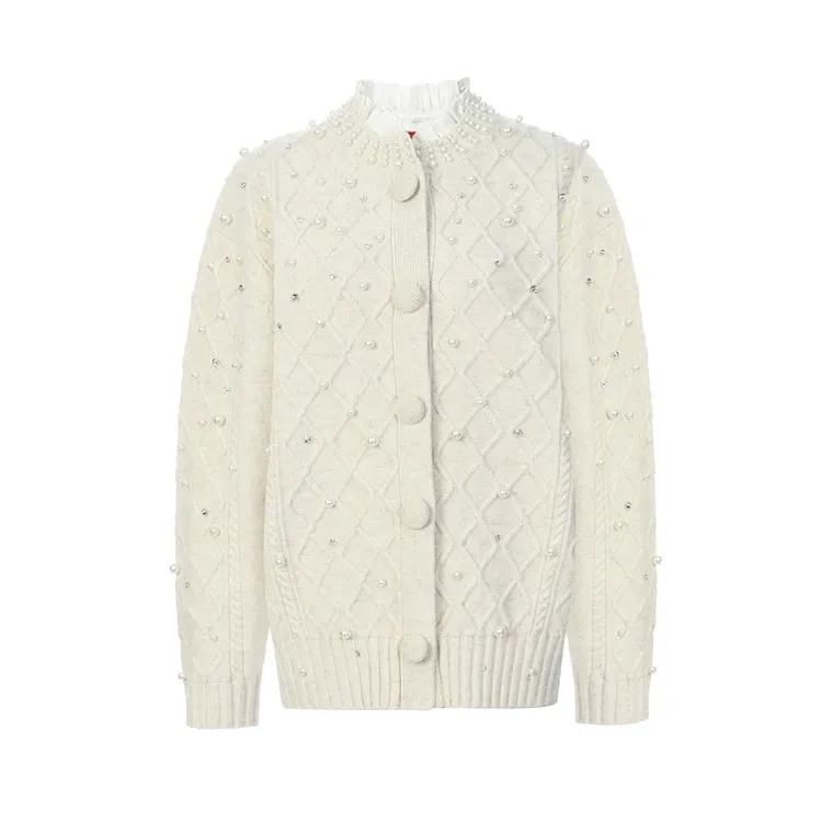 LeFame/拉飞姆24秋LF24Q41ZM217杏色菱格纹钉珠针织外套秋冬