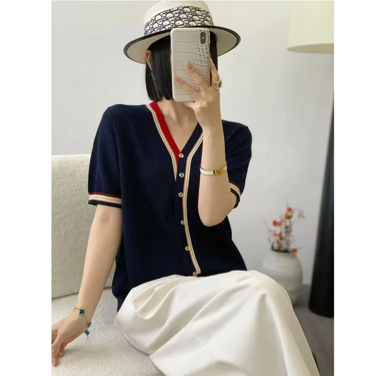莱赛尔100撞色小v领夏季新款设计感针织薄中袖女士T恤套头1228-1