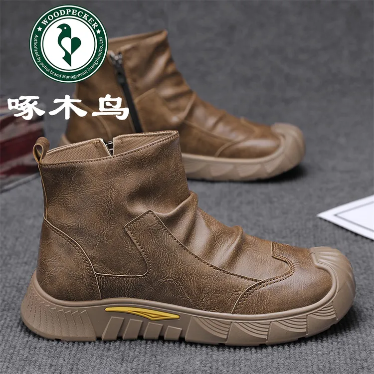 啄木鸟秋冬款男士新款耐磨防滑皮靴休闲高帮软底皮鞋透气工装鞋