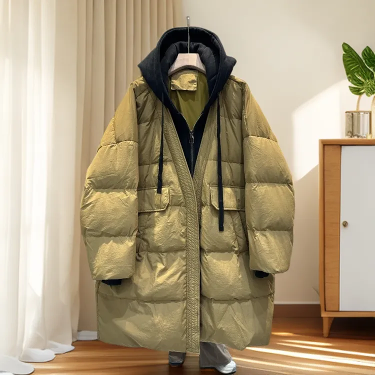 紫色羽绒服外套女中长款2025新款韩版大码假两件连帽冬季保暖外套