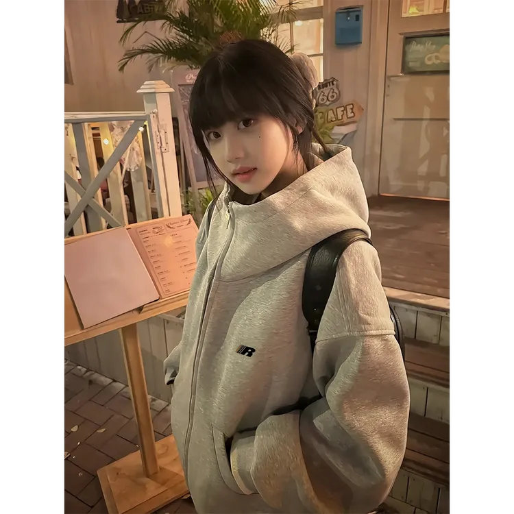 SUMBUR美式慵懒潮牌连帽卫衣女早秋新款简约oversize立领情侣外套