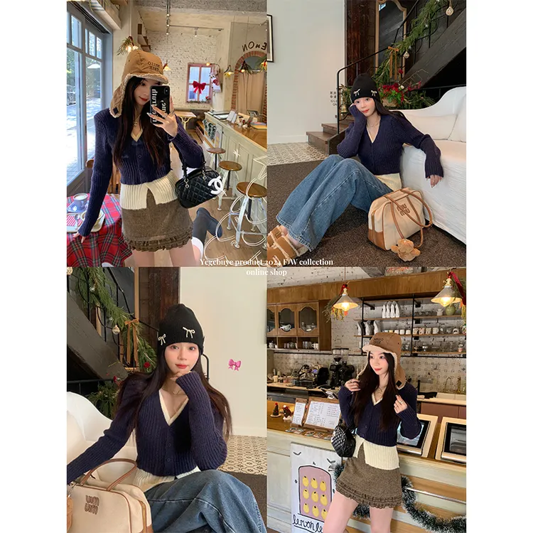 野哥不野 设计感v领假两件针织开衫女秋冬季撞色收腰内搭上衣