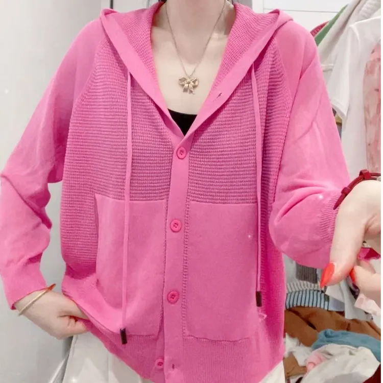 2527口袋春季镂空针织连帽女装宽松薄款长袖夏季开衫单排扣