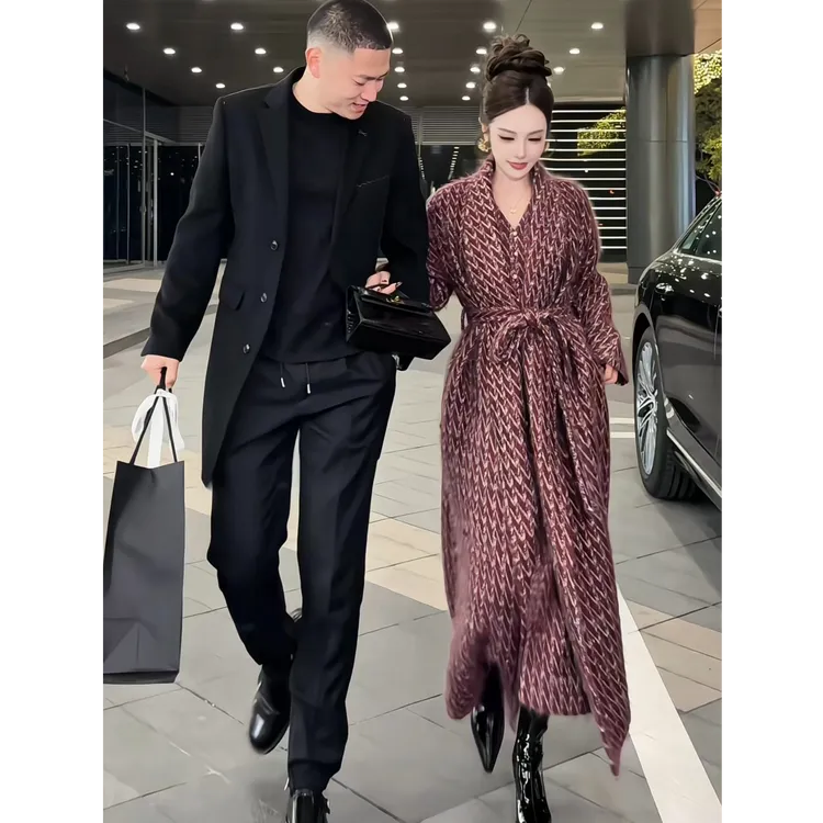 【冬装新款】DY77冬装轻奢时尚气质高端定制羊毛彩纱系带大衣长款