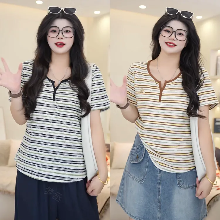 梦丞【条纹恋人】夏季大码女装条纹宽松显瘦别致洋气宽松短袖T恤