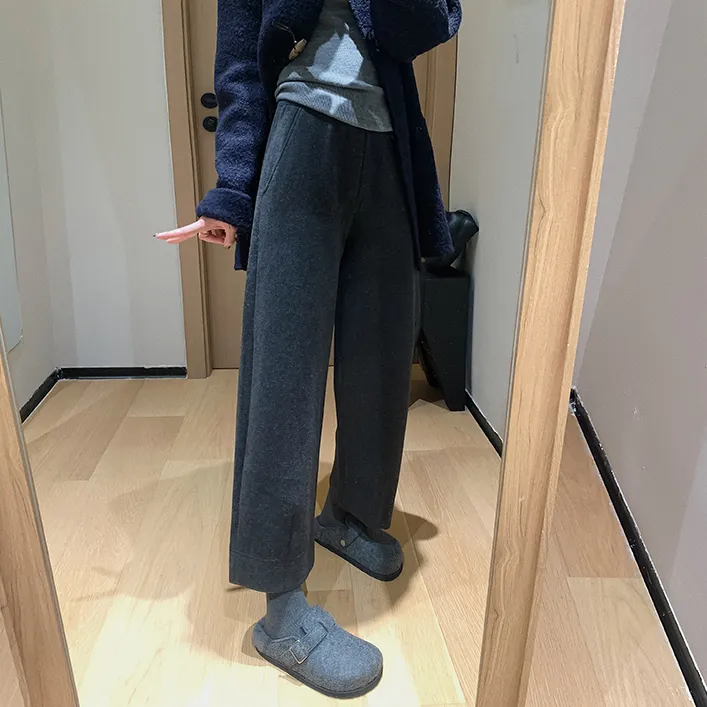 秋冬新款加绒毛呢山本裤梨形小个子显瘦百搭九分阔腿休闲奶奶裤