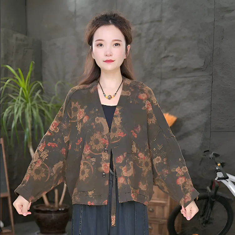 纯棉休闲百搭V领秋季女透气厚款短外套民族风时尚短款