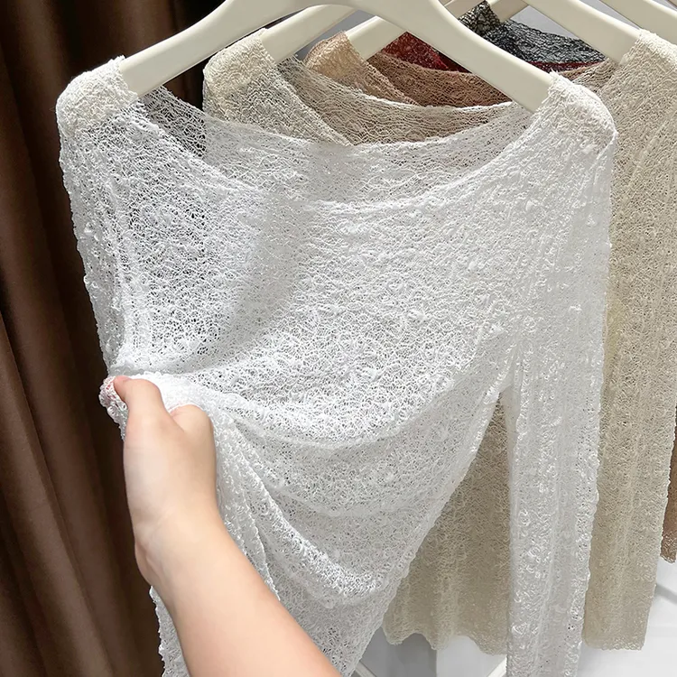 高级感白色蕾丝打底衫女春秋新款洋气内搭大圆领镂空网纱长袖上衣