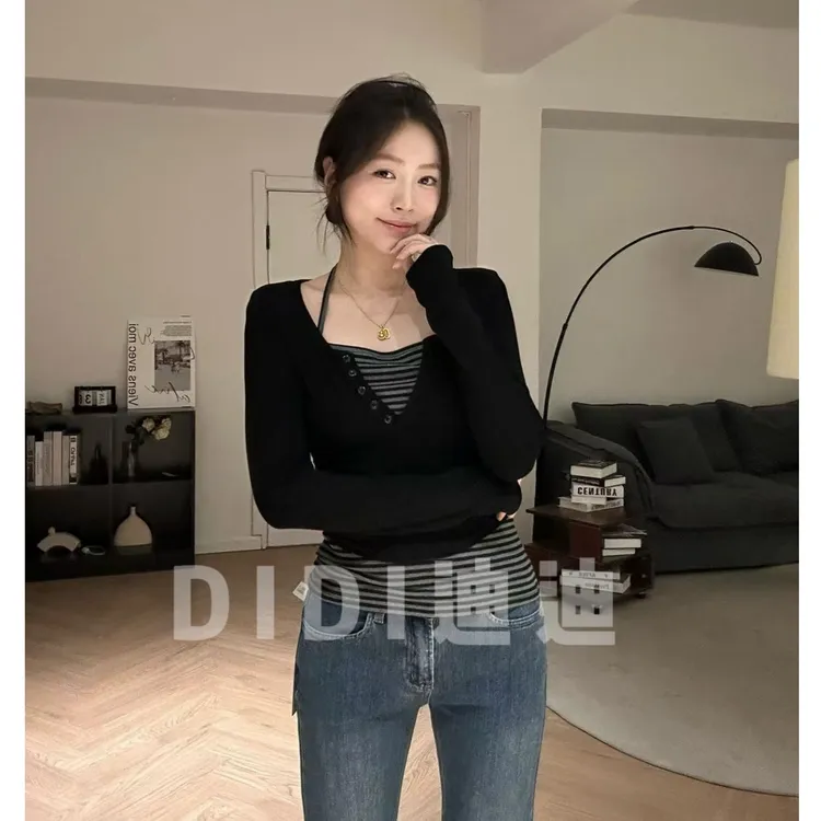 【DIDI】黑色假两件拼接撞色条纹慵懒风长袖T恤修身显瘦上衣