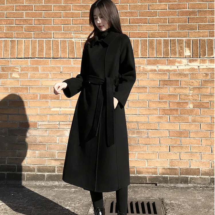 双面羊绒大衣女中长款2025秋冬新款黑色羊毛呢子系带显瘦毛呢外套