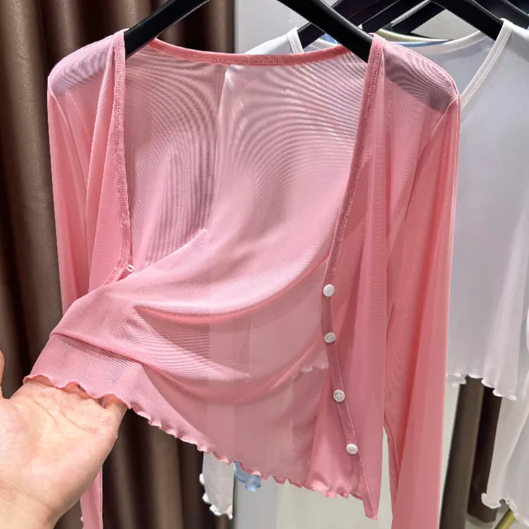 粉色高端网纱薄款开衫女秋冬微透宽松配吊带裙外搭小披肩防晒罩衫
