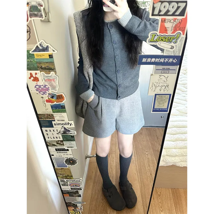 套装女2025春秋新款慵懒风假两件拼接显瘦长袖上衣休闲百搭短裤