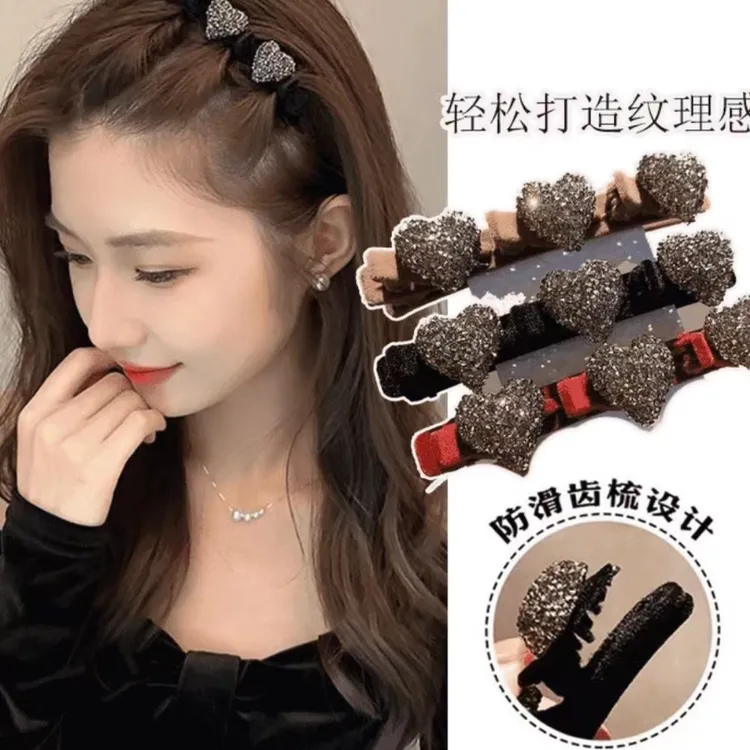 爱心满钻发卡秋冬款式柔美植绒材质刘海侧边编发装饰d3