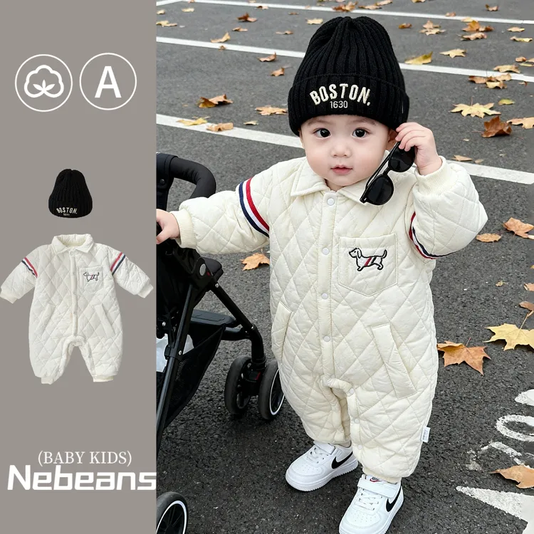加绒保暖潮款婴幼儿加厚连身衣 腊肠狗大牌风哈衣外出服