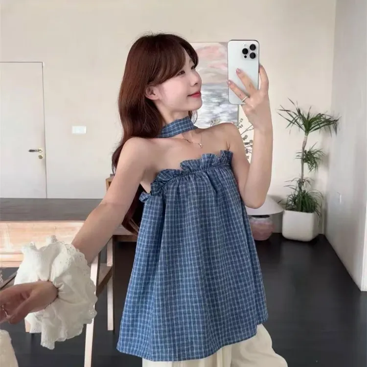 HAIYG#【DY0132】复古蓝色格纹荷叶边/抹胸背心女设计感/挂脖小上衣