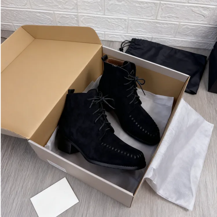 5cm防滑秋季方头薄款交叉绑带马丁靴跟鞋百搭高跟阔腿裤必备鞋