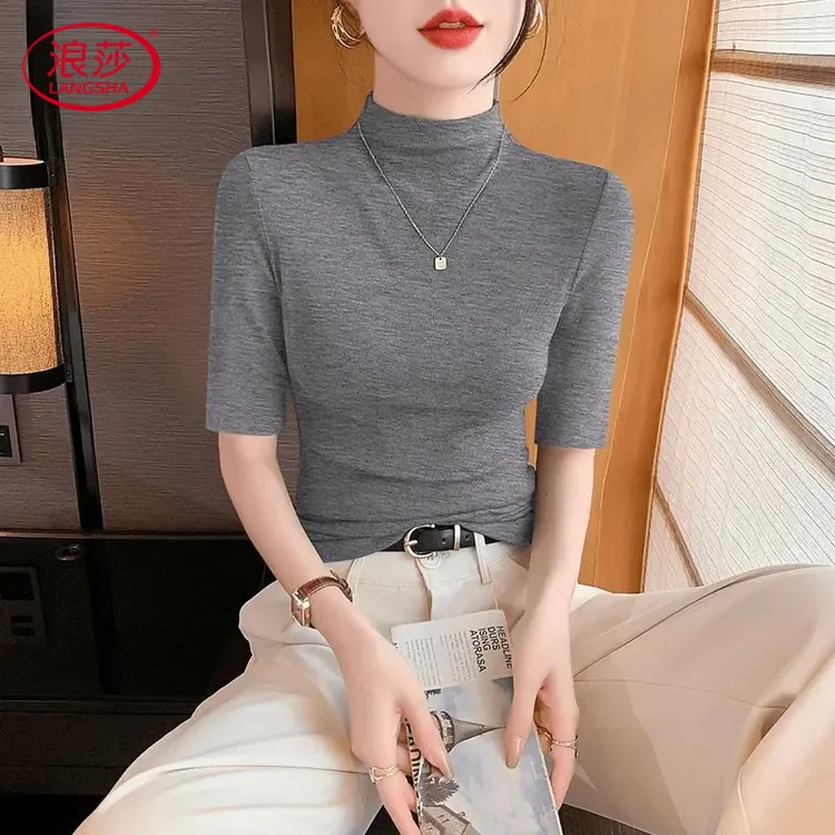 浪莎黑色半高领打底衫中袖t恤女夏秋 五分袖薄款七分袖内搭