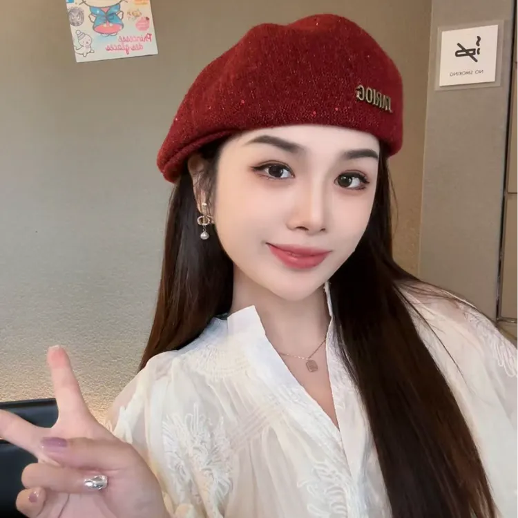 秋冬新款定型前进帽亮片时尚百搭贝雷帽个性显脸小鸭舌帽保暖帽女