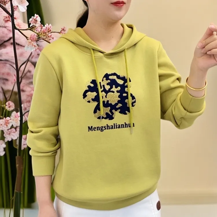 【花朵烫钻】新款时尚休闲百搭宽松连帽卫衣女士高档上衣减龄妈妈装