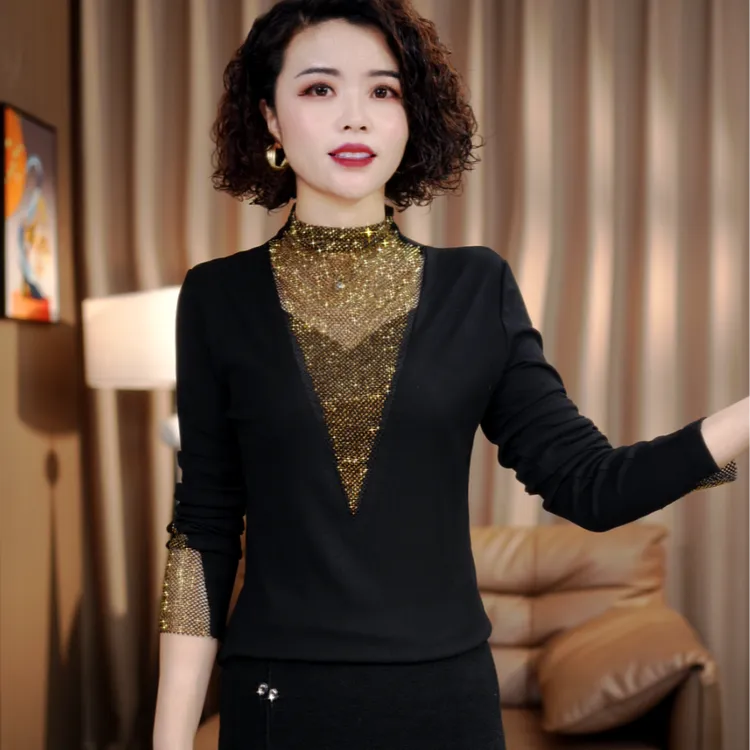 新款欧版洋气镶钻加绒常规保暖长袖法式女T恤内搭百搭显瘦小衫