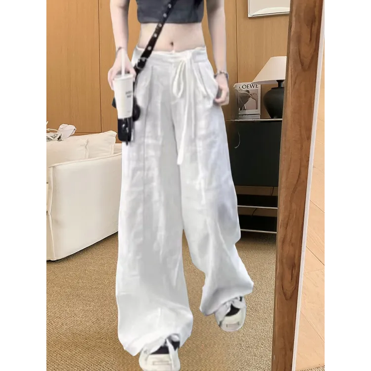 双手推荐！！藏肉显高挑！白色高端褶皱休闲裤女阔腿高腰抽绳直筒裤