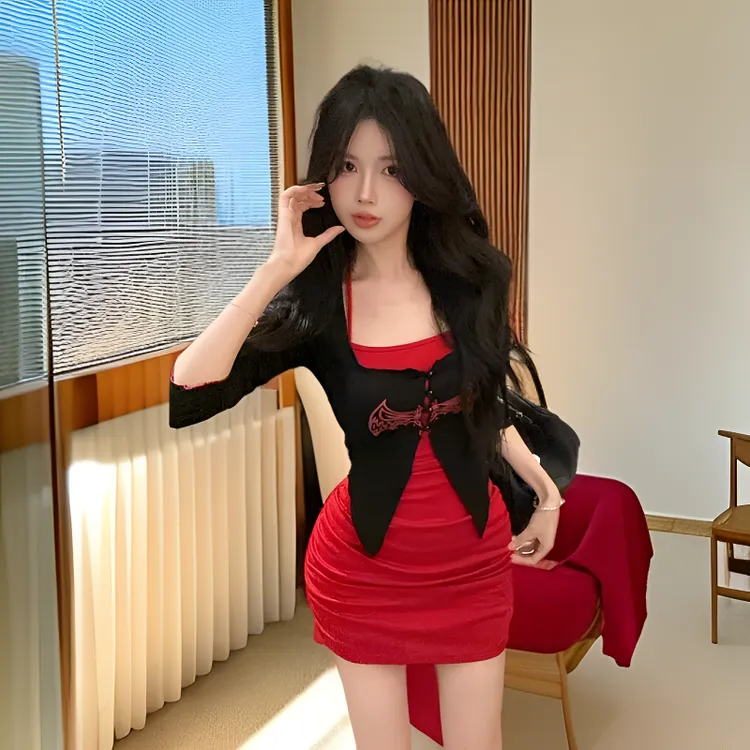 抹胸连衣裙长袖假两件时尚修身包臀印花拼色辣妹复古气质连衣裙女