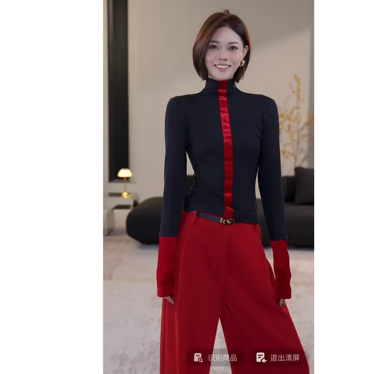 DENGDAHA「流光梦境」格丝绒撞色高领打底长袖上衣HBZXP710189