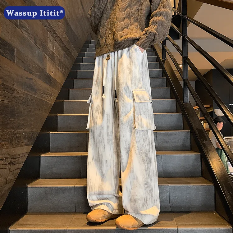 WASSUP ITITIT保暖高街美式直筒工装裤冬季休闲裤扎染宽松长裤男