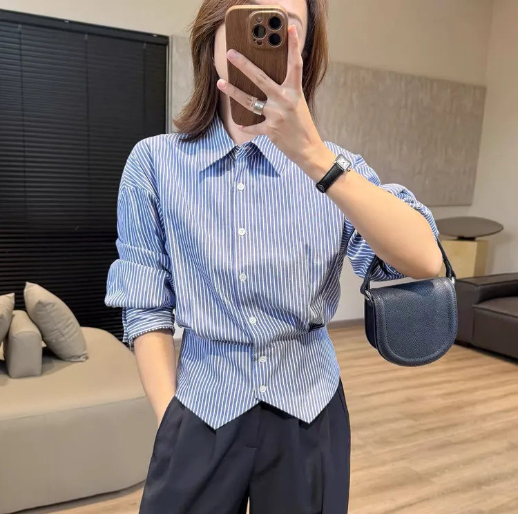 9923蓝白条纹C女2025新款秋季时尚显瘦衬衣气质短上衣