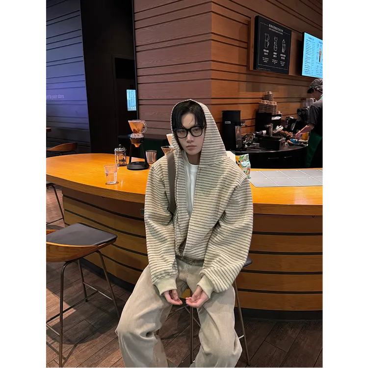 XDYOP 美式拼色条纹连帽开衫卫衣男女2025春秋设计感宽松百搭帽衫