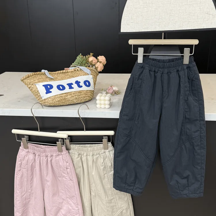 韩版2025女童百搭三色夹棉裤子秋冬新款韩版儿童加厚弯刀休闲裤