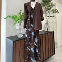 【油画姐姐】复古蓝蝶花海边度假风碎花印花气质连衣裙-8289