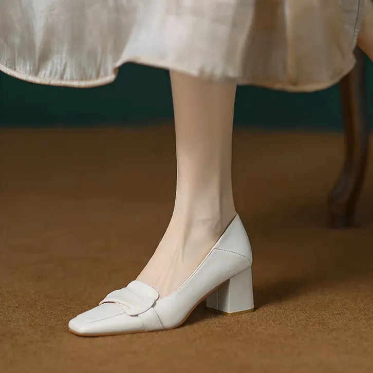 全软牛皮单鞋女粗跟2025春秋季英伦复古百搭高跟鞋中跟方头乐福鞋