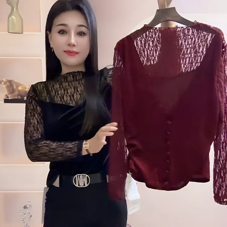 新款丝绒拼接假两件小衫两面穿小衫长袖气质显瘦蕾丝百搭修身