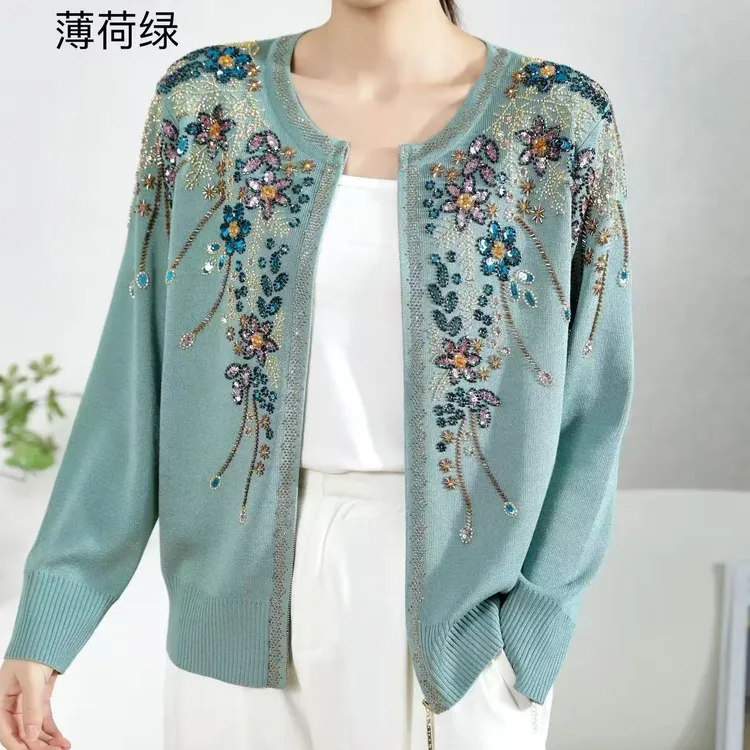 T981秋冬新款青花瓷繁花似锦重工刺绣串珠时尚洋气针织上衣外套