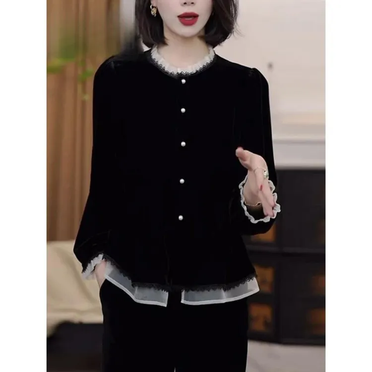 显瘦大码黑色丝绒荷花领设计感外搭衬衫女秋款气质百搭通勤上衣